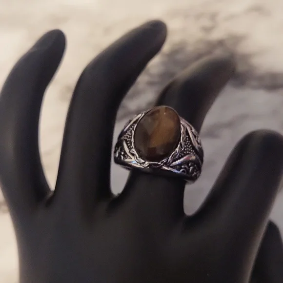 Vintage Tiger Eye Silvery Ring Bohemian Style Size 8 - Picture 6 of 17
